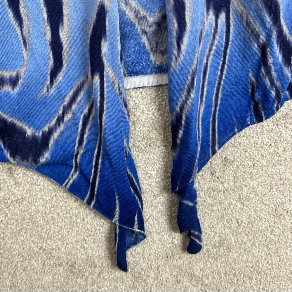 Chico’s Cardigan Womens 0 Blue White Short Sleeve Lightweight Rayon Blend- 2432*